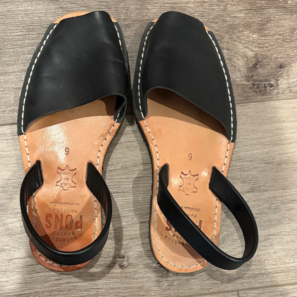 Women's Pons Black Leather Sandals, size 6